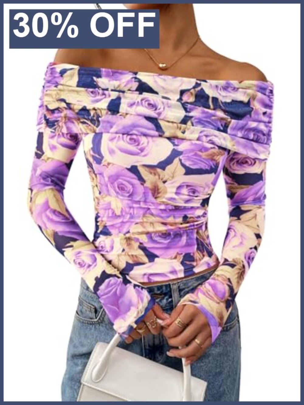 Off Shoulder Floral Mesh Top Long Sleeve Ruched Bodycon